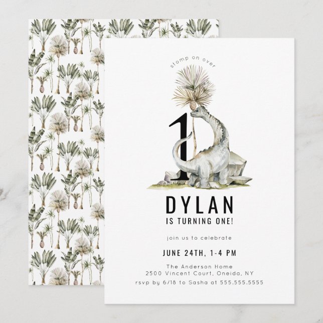 Invitation Dinosaur Thème 1ère fête d'anniversaire (Devant / Derrière)