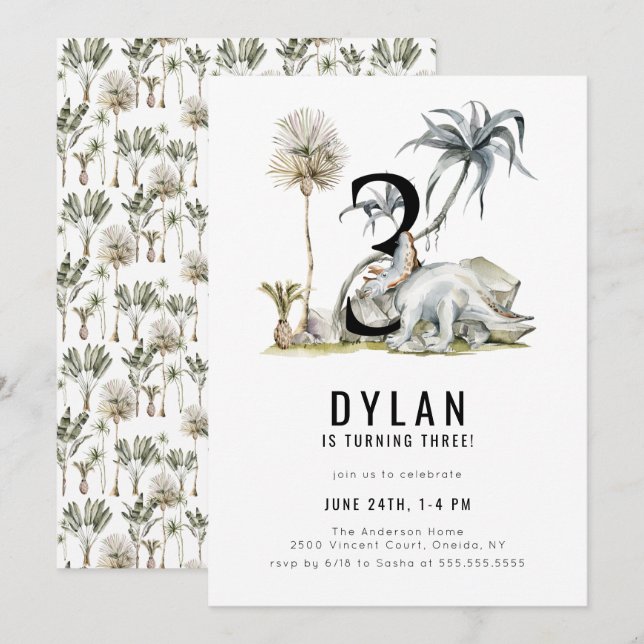 Invitation Dinosaur Thème 3ème fête d'anniversaire (Devant / Derrière)
