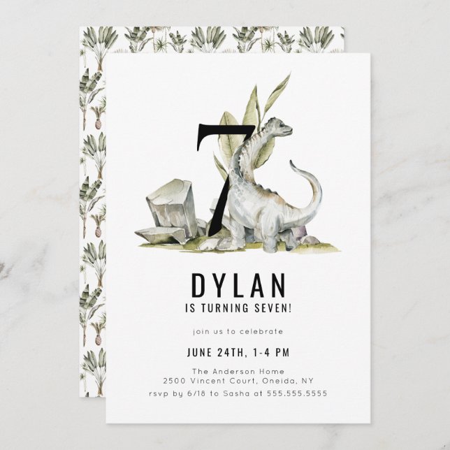 Invitation Dinosaur Thème 7ème anniversaire (Devant / Derrière)