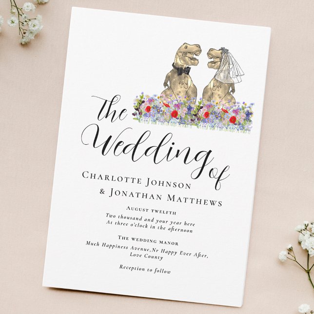 Invitation Dinosaur Thème Floral Mariage (Modern Script dinosaur theme wedding invitation with watercolor wildflowers & T-Rex bride and groom)