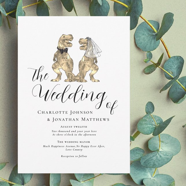 Invitation Dinosaur Thème Mariage (Dinosaur wedding elegant modern script invitation funny T-Rex dino bride and groom)