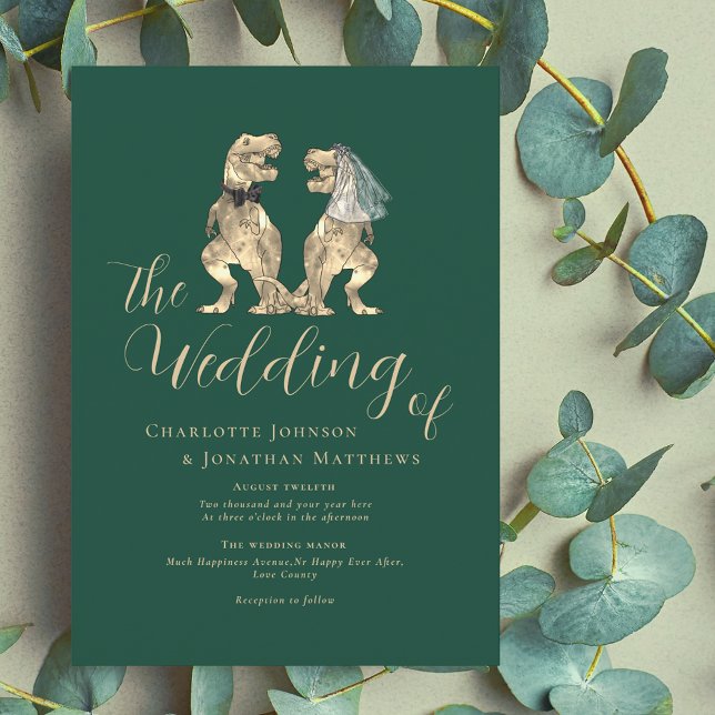 Invitation Dinosaur Thème Mariage (Dinosaur wedding dark green invitation Fun T-Rex din bride and groom elegant modern script )