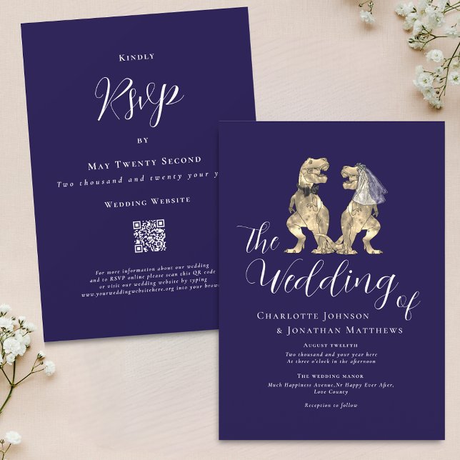 Invitation Dinosaur Thème Mariage Marine Bleu Blanc QR Code (Dinosaur theme wedding navy blue and white QR code invitation Elegant modern script )
