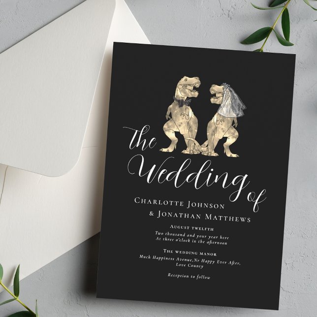 Invitation Dinosaur Thème Mariage noir et blanc (Black and white dinosaur theme wedding invitation elegant modern script T-Rex dinos bride & groom)