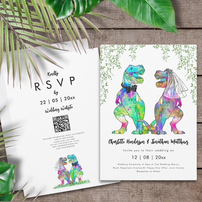 Invitation Dinosaur Thème Mariage QR Code (Colorful dinosaur themed wedding invitation with website QR code funny T-Rex bride and groom )