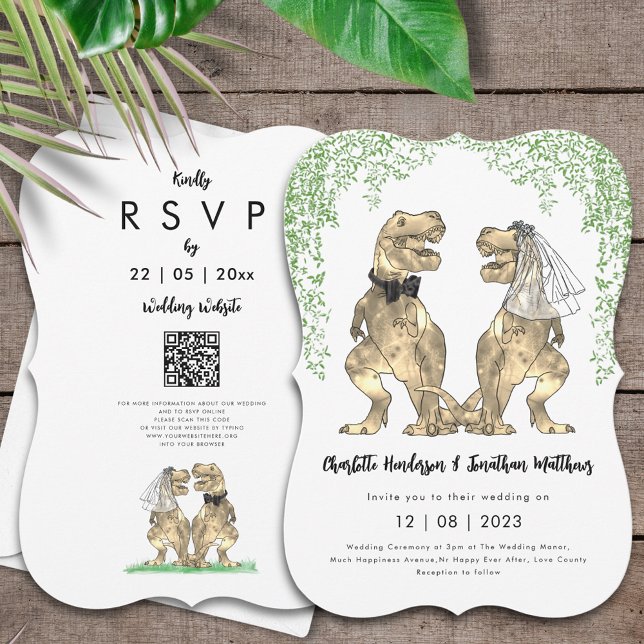 Invitation Dinosaur Thème Mariage QR Code (T-Rex bride and groom dinosaur  wedding invitation with website online rsvp qr code)