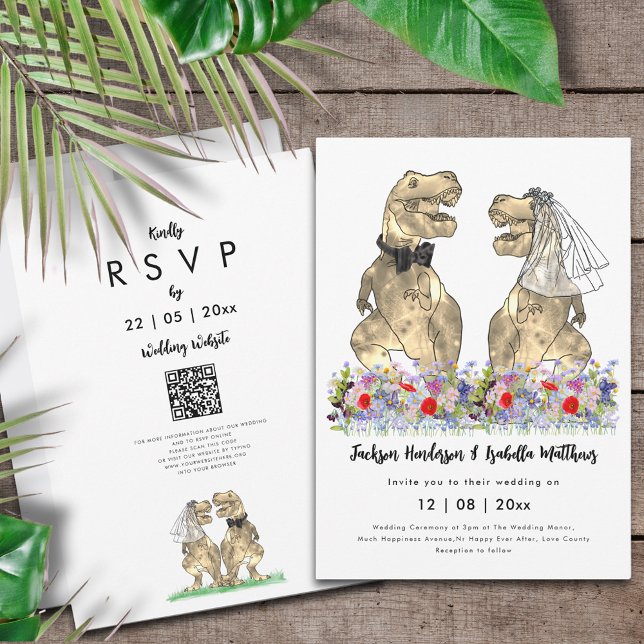 Invitation Dinosaur Thème Mariage QR Code (Dinosaur wedding QR code invitation T-Rex bride and groom in colorful prehistoric wildflower meadow)