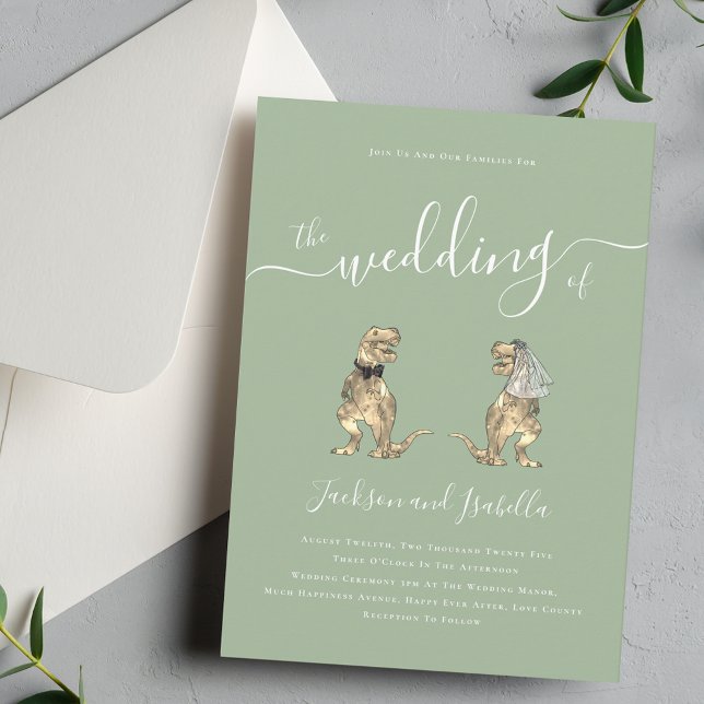 Invitation Dinosaur Thème Mariage Sage Green (Sage green Dinosaur theme wedding invitation Elegant modern script calligraphy T-Rex bride and groom)