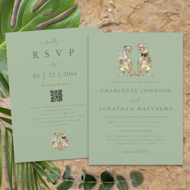 Invitation Dinosaur Thème Mariage Sage Green Qr Code (Dinosaur theme wedding qr code sage green invitation T-Rex dino bride & groom modern elegant script)