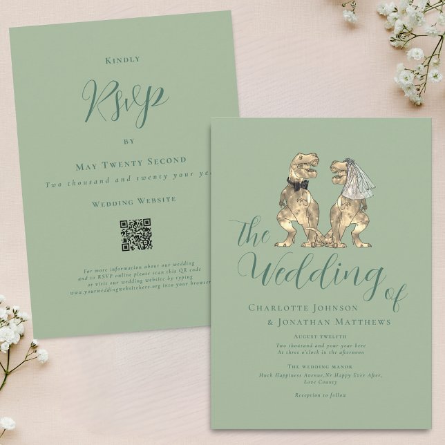 Invitation Dinosaur Thème Mariage Sage Green QR Code (Dinosaur theme wedding sage green QR code invitation Modern elegant script fun T-Rex dino couple)