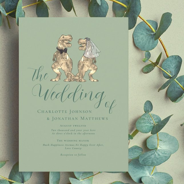 Invitation Dinosaur Thème Sage Mariage Vert (Dinosaur theme wedding sage green elegant modern script invitation fun T-Rex bride and groom)