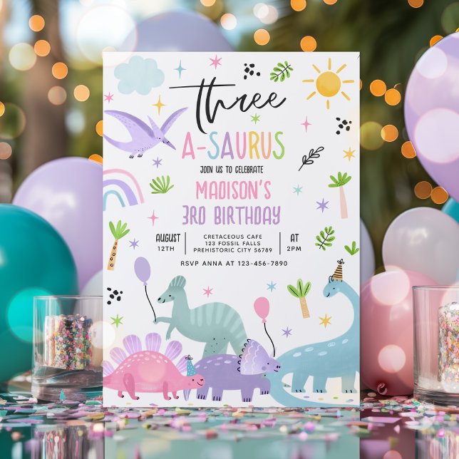 Invitation Dinosaur Trois-A-Saurs Rose 3e fête d'anniversaire (Créateur téléchargé)