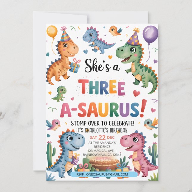 Invitation Dinosaur Trois A-Saurus 3e fête d'anniversaire T-R (Devant)