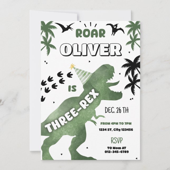 Invitation Dinosaur Trois Rex 3e anniversaire fête T-Rex Invi (Devant)