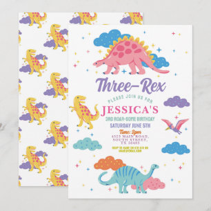 Invitation Dinosaur Trois Rex Filles Cutes Pink Party