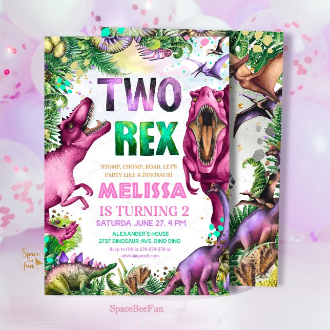 Invitation Dinosaur TWO Rex Fête d'anniversaire su (Dinosaur TWO Rex Invitation, Girl Dinosaur Party,birthday invitation Dino,Tropical Two rex birthday,)
