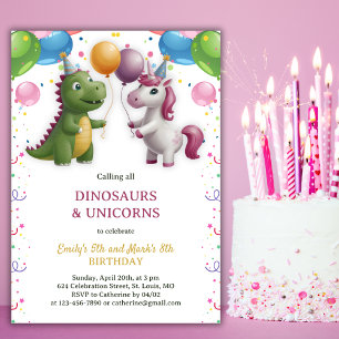 Invitation Dinosaur Unicorn Garçon Fille Joint frère Annivers