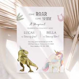 Invitation Dinosaur & Unicorn Siblings Joint Birthday Party