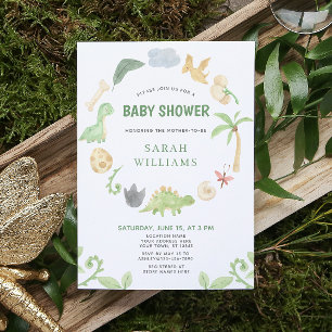 Invitation Dinosaur Vert Aquarelle Baby shower de couronne