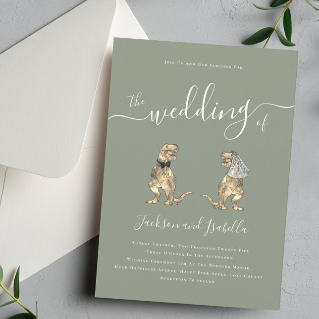 Invitation Dinosaur Wedding Boho Sage Green (Whimsical boho Dinosaur T-Rex bride and groom elegant sage green wedding invitation )