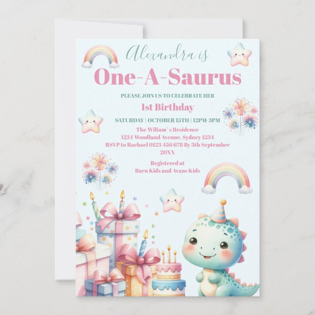 Invitation Dinosaure 1er Anniversaire Coloré Cute (Devant)