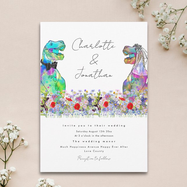 Invitation Dinosaure amusant thème Fleur sauvage coloré (Fun dinosaur theme wedding invitation with colorful watercolor wildflowers)