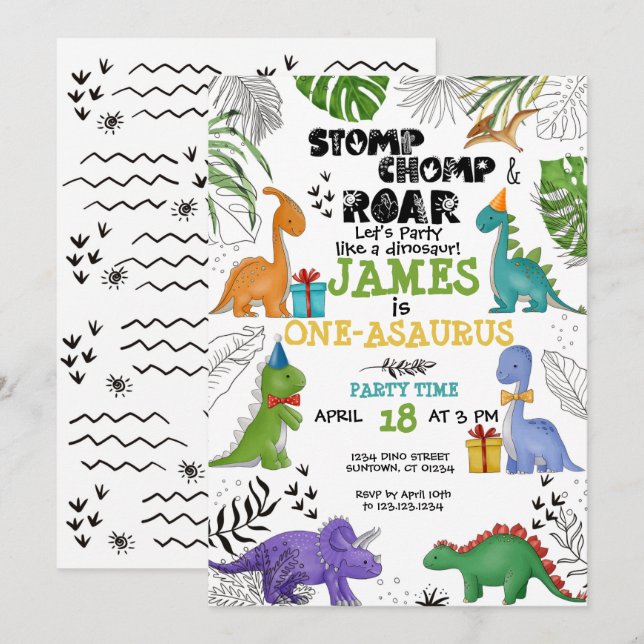 Invitation Dinosaure Anniversaire Garçon fille aquarelle colo (Devant / Derrière)
