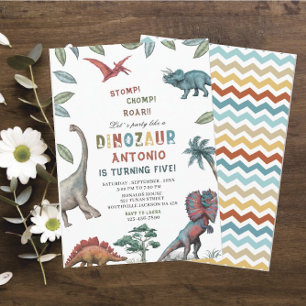 Invitation Dinosaure aquarelle estomac chompe roar partie ann
