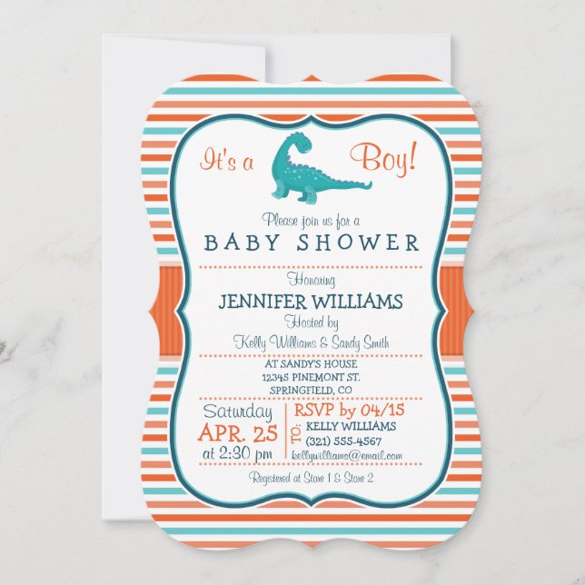 Invitation Dinosaure ; Baby shower Turquoise & Orange Stripes (Devant)