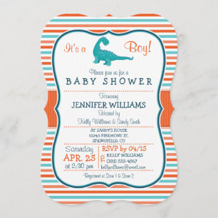 Invitation Dinosaure ; Baby shower Turquoise & Orange Stripes