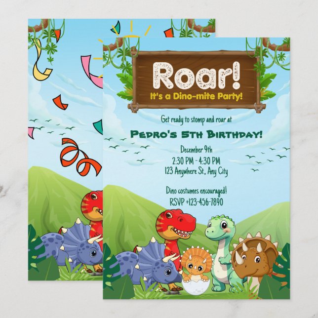 Invitation Dinosaure Bleu et Vert de rôti fête d'anniversaire (Devant / Derrière)