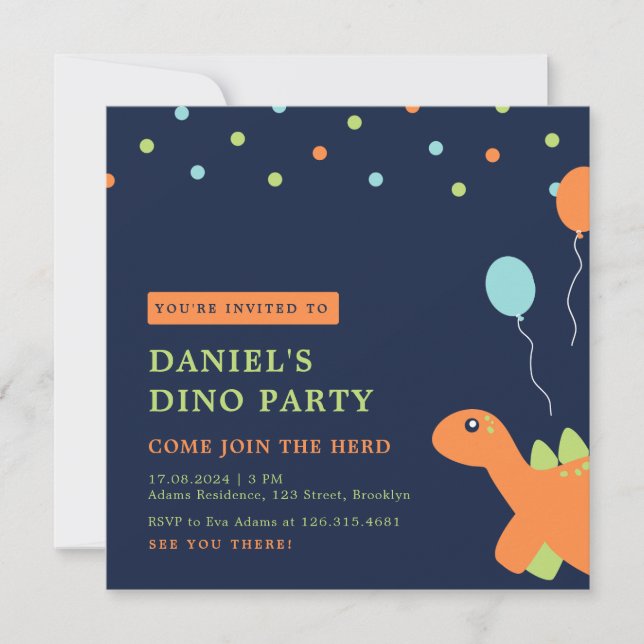 Invitation Dinosaure de fête Confetti coloré Anniversaire (Devant)
