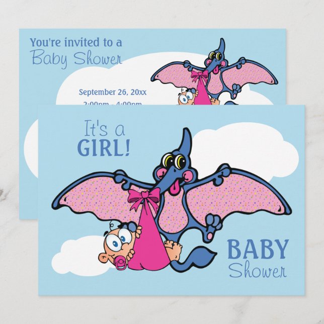 Invitation Dinosaure de ptérodactyle c'est un baby shower de (Devant / Derrière)