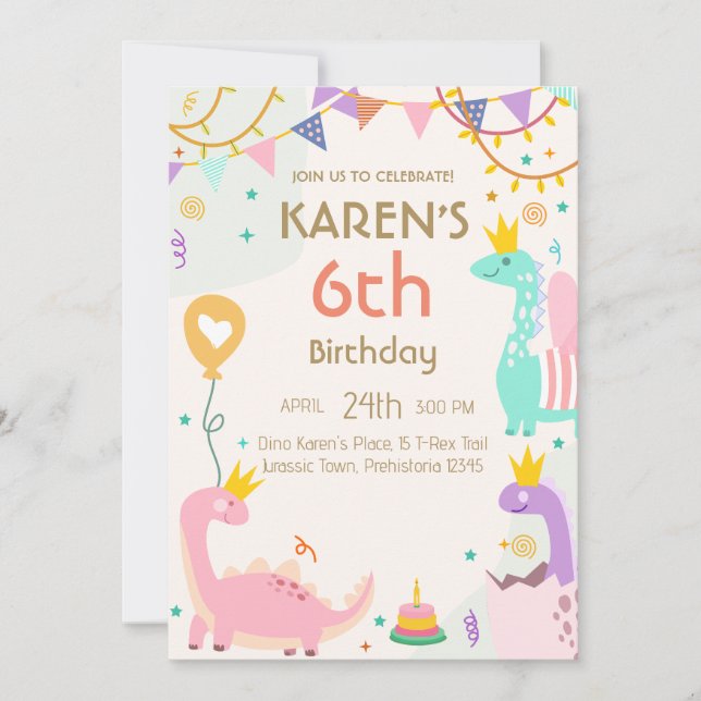 Invitation Dinosaure de Whimsical Princess Anniversaire (Devant)
