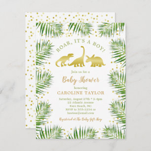 Invitation Dinosaure d'or Baby shower de verdure tropicale