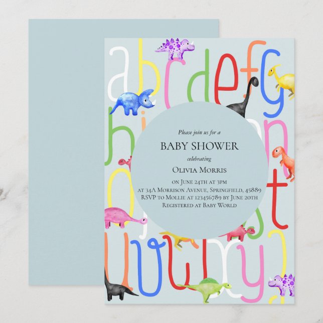 Invitation Dinosaure et Baby shower Alphabet de garçon mignet (Devant / Derrière)