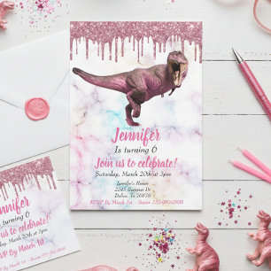 Invitation Dinosaure fille paillettes roses Tyrannosaure