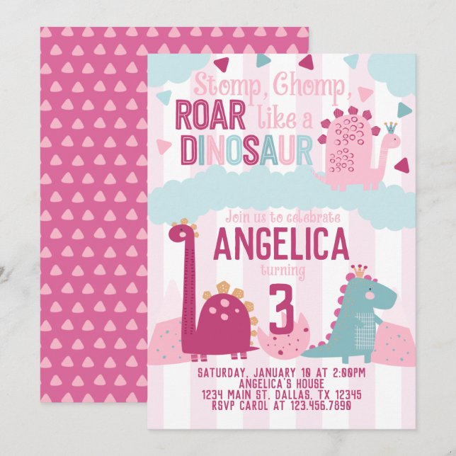 Invitation Dinosaure fille rose fête d'anniversaire Thème (Devant / Derrière)