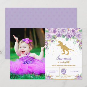 Invitation Dinosaure florale violette Photo d'anniversaire de
