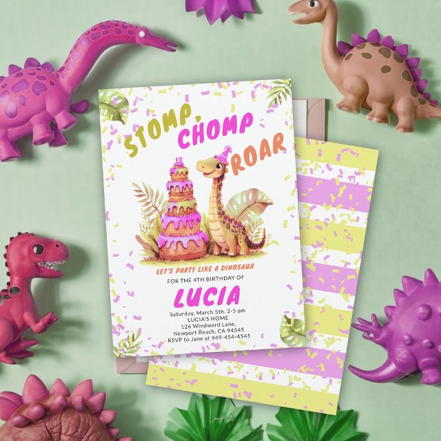 Invitation Dinosaure Giant Anniversaire Gâteau Cute Aquarelle (dinosaur girl birthday party dino stomp chomp roar funny watercolor giant cake prehistoric wild)