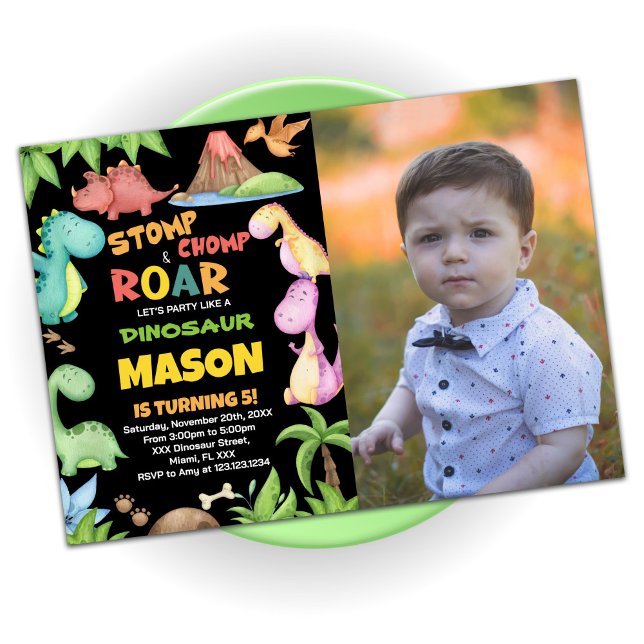 Invitation Dinosaure jaune rouge vert photo (Yellow Red Green Dinosaur Birthday Photo Invitation)