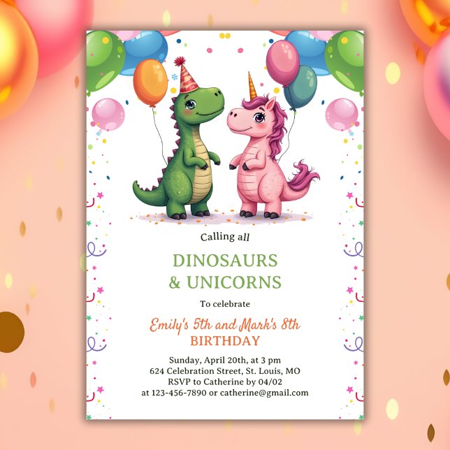 Invitation Dinosaure magique et Anniversaire de enfant conjoi (Magical Dinosaur & Unicorn Joint Kids Birthday Invitation)