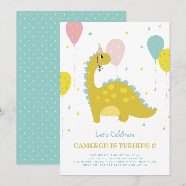 Invitation Dinosaure mignon avec Anniversaire de enfant de ba (Devant / Derrière)