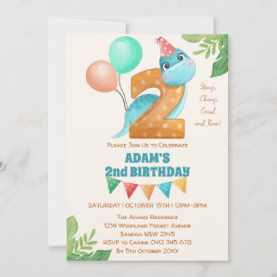 Invitation Dinosaure mignon avec ballons 2e anniversaire
