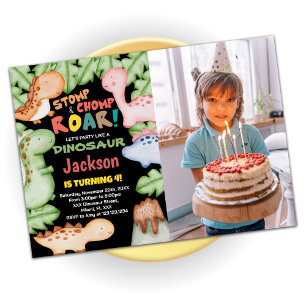 Invitation Dinosaure noir jaune Anniversaire avec photo