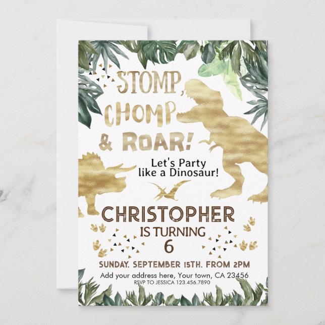 Invitation Dinosaure or mignon Anniversaire de enfant Dino Tr (Devant)