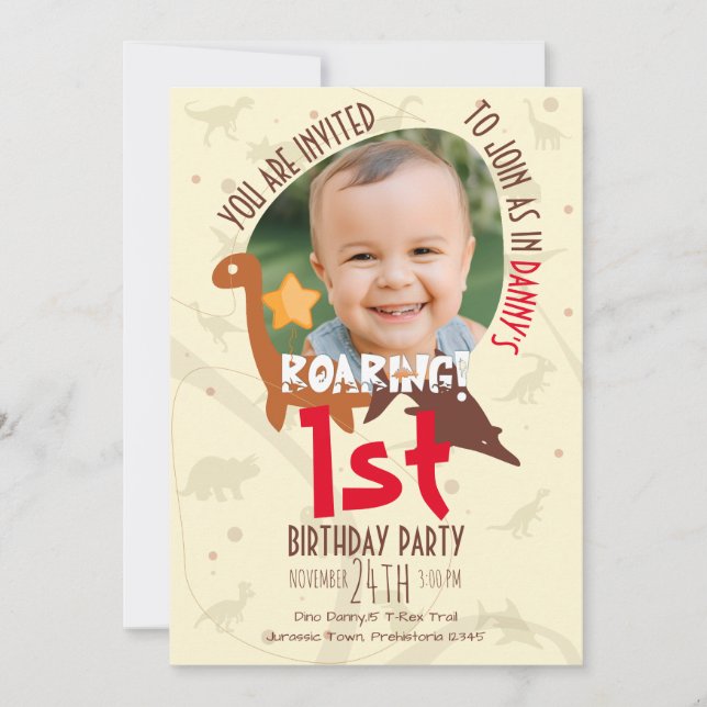 Invitation Dinosaure Roaring personnalisé 1er anniversaire (Devant)