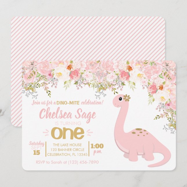 Invitation Dinosaure rose et or Floral Girl Anniversaire (Devant / Derrière)