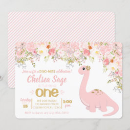 Invitation Dinosaure rose et or Floral Girl Anniversaire