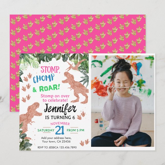 Invitation Dinosaure rose mignon Photo personnalisée Annivers (Devant / Derrière)